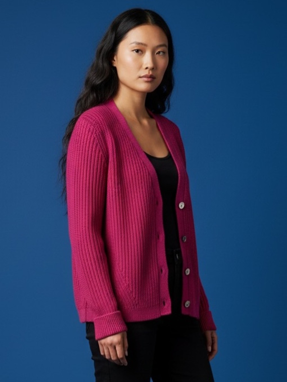 LOFT Bright Fuchsia Ribbed Button Cardigan